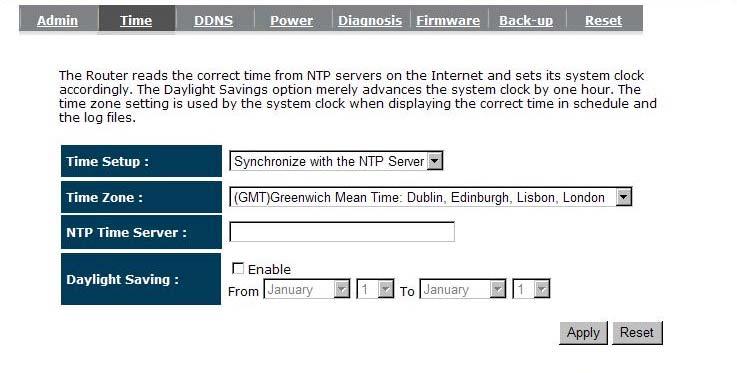 The Time Zone allows your router to reference or base its time on the settings configured here, which will affect functions such as Log entries and Firewall settings.