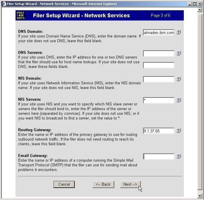 5. The Filer Setup Wizard - Network Services window enables DNS and NIS services and gateway settings
