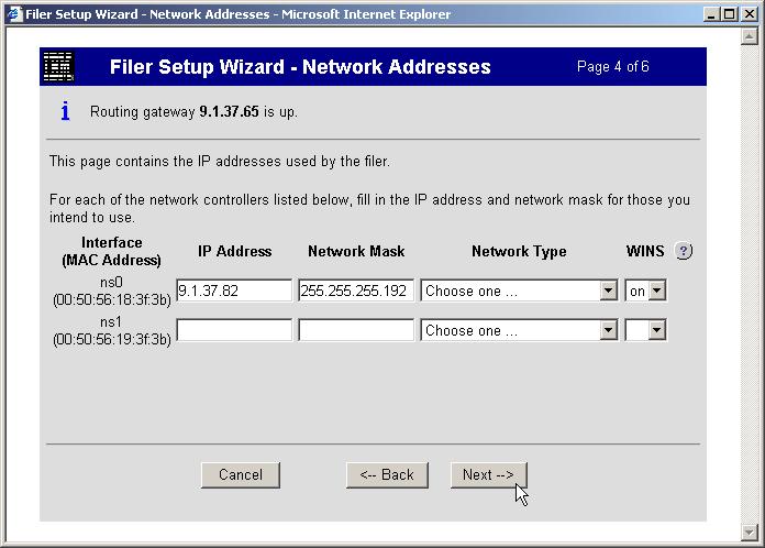 6. The Filer Setup Wizard - Network Addresses window provides information about the network configuration, such as IP addresses, network