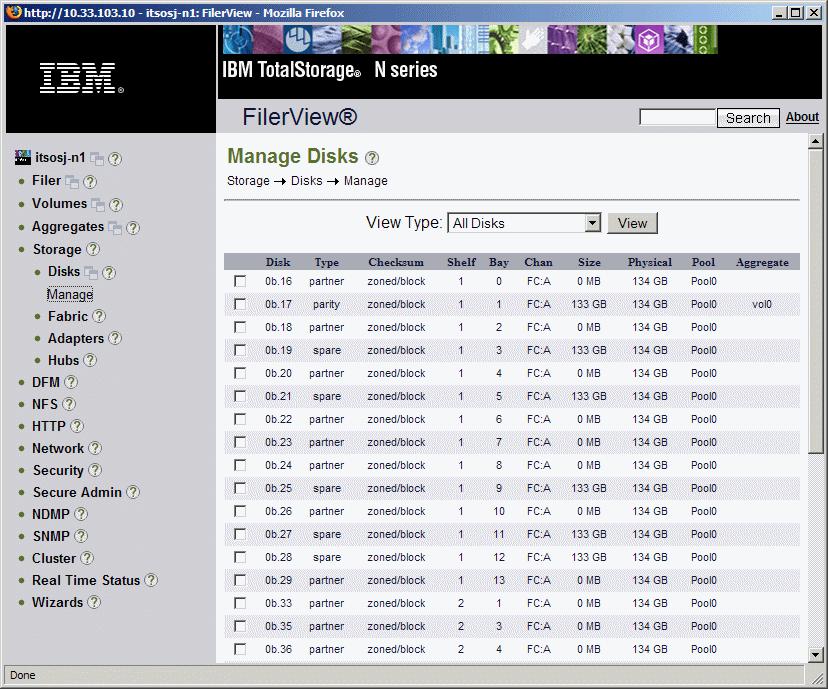 Check disk assignment after setup using the CLI command storage show disk, or the Web interface FilerView Storage Manage. Figure 2 illustrates disks in a sample clustered environment.