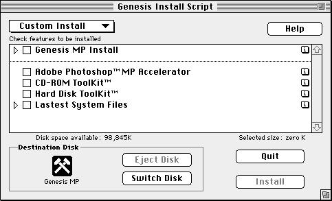 Genesis MP Custom Install window 6. Select the software components you wish to install. You may get information about each component by clicking on the i to the right of each component.