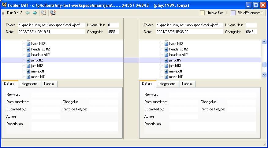 In the right pane, P4V lists changelists that affected the folder, for example: 2.