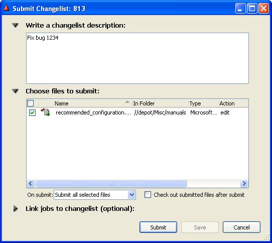 P4V displays a list of pending changelists, as shown in the following figure.