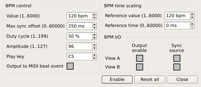 13.Using the BPM generator The BPM generator can be used to generate repeated key presses as if received through a MIDI input device, to one or more views.