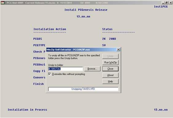 B2. Install PCGenesis Release 13.01.01 FROM THE PCGENESIS SERVER 1 Verify all users are logged out of PCGenesis. 2 Open Windows Explorer. 3 Navigate to the K:\INSTAL directory. 4 Verify PCGUNZIP.