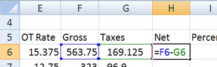 Calculate Net Pay Net pay is simply Gross Pay Taxes. 25. Click in cell H6. 26.