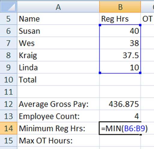Min( ) Function This function returns the smallest value in a range of cells. In this example, we wish to know the least number of Regular Hours worked. 8.