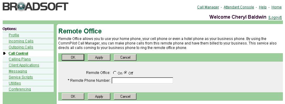 Figure 91 Call Control Physical Location 5.21 Remote Office Use this menu item on the User Call Control menu page to activate or deactivate Remote Office.