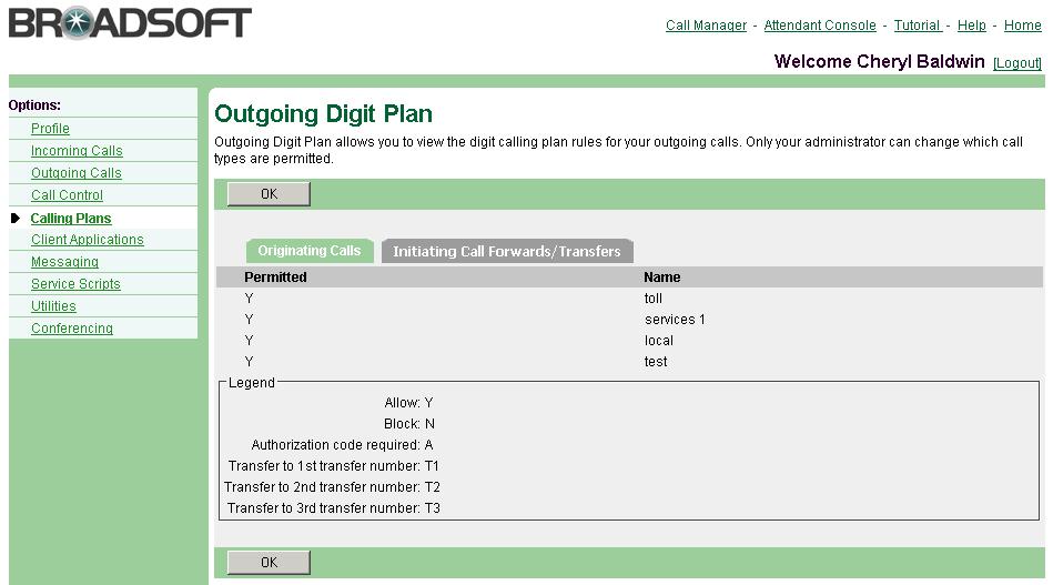 1) On the User Calling Plans menu page, click Outgoing Calling Plan. The User Outgoing Calling Plan page appears. 2) Click the Being Forwarded/Transferred tab.