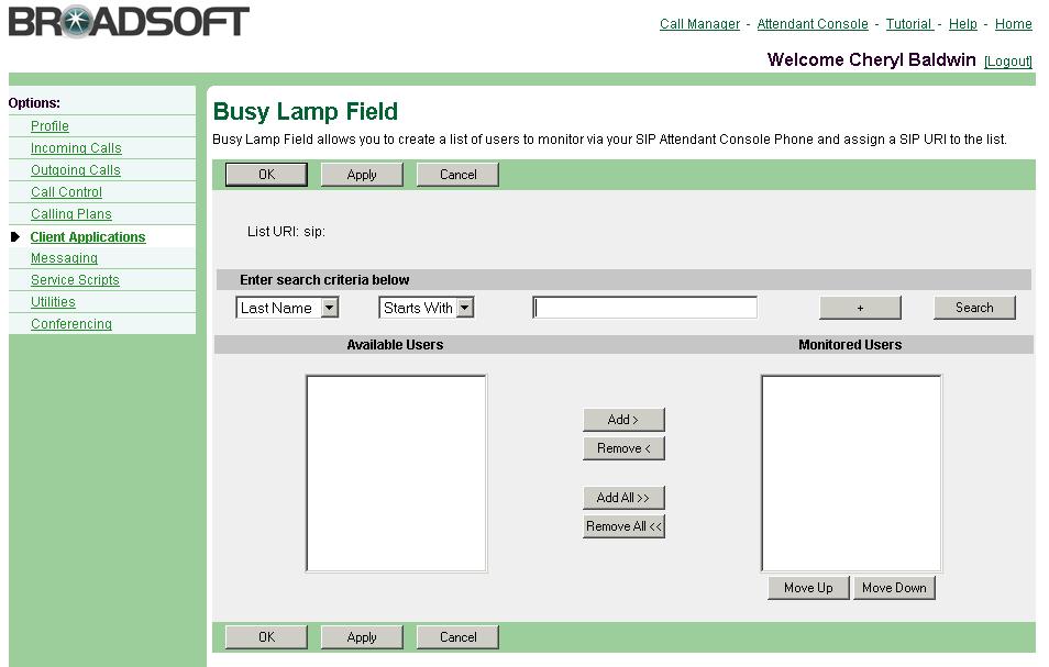 Figure 108 User Busy Lamp Field 1) To select users, move users from the Available Users column to the Monitored Users column. In the Available Users column, select the users.