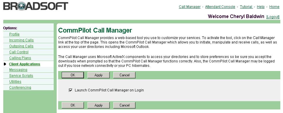 7.4 CommPilot Call Manager Use this menu item on the User Client Applications menu page to display information on CommPilot Call Manager.