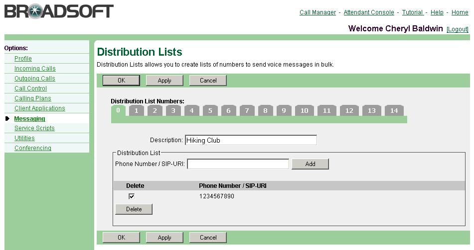 Figure 125 Distribution Lists Distribution Lists Add/Delete 1) On the User Messaging menu page, click Distribution Lists. The User Distribution Lists page appears.