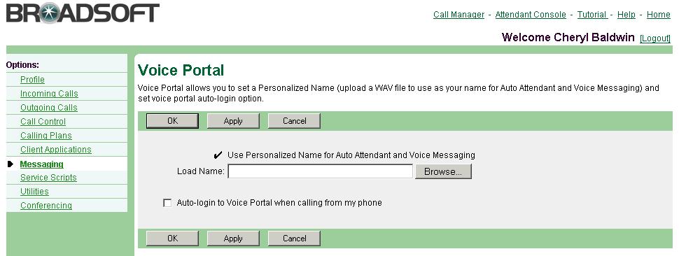 Figure 127 Messaging Voice Portal 1) On the User Messaging menu page, click Voice Portal. The User Voice Portal page appears.
