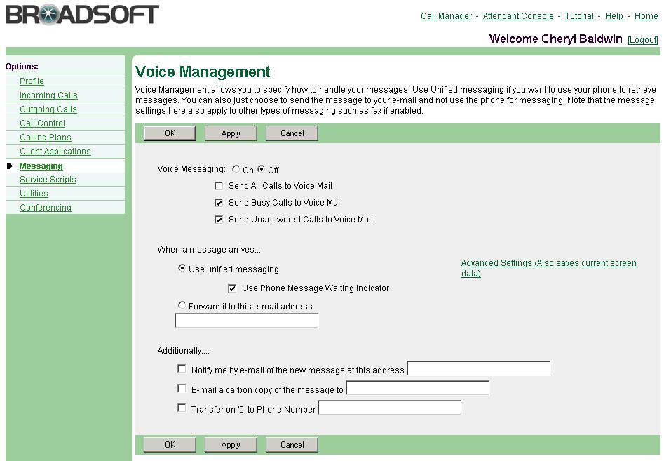 Figure 128 Messaging Voice Management 1) On the User Messaging menu page, click Voice Management. The User Management page appears. 2) For Voice Messaging, select On.