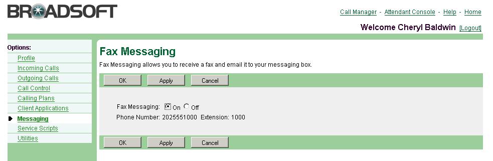 Your administrator is responsible for assigning you a fax number and initially enabling fax messaging. Figure 133 Messaging Fax Messaging 1) On the User Messaging menu page, click Fax Messaging.
