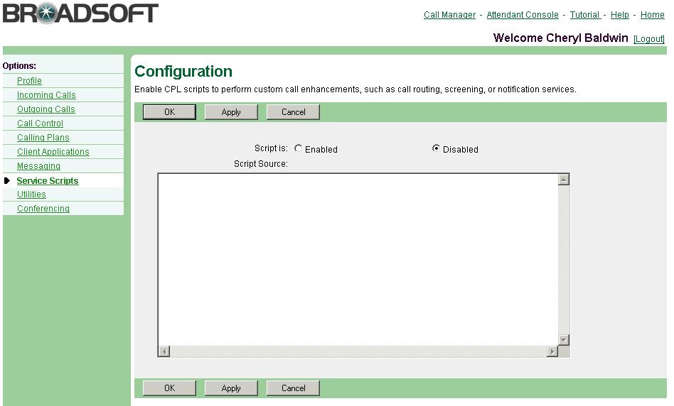 Figure 135 Service Scripts Configuration 1) On the User Service Scripts menu page, click Configuration. The User Configuration page appears.