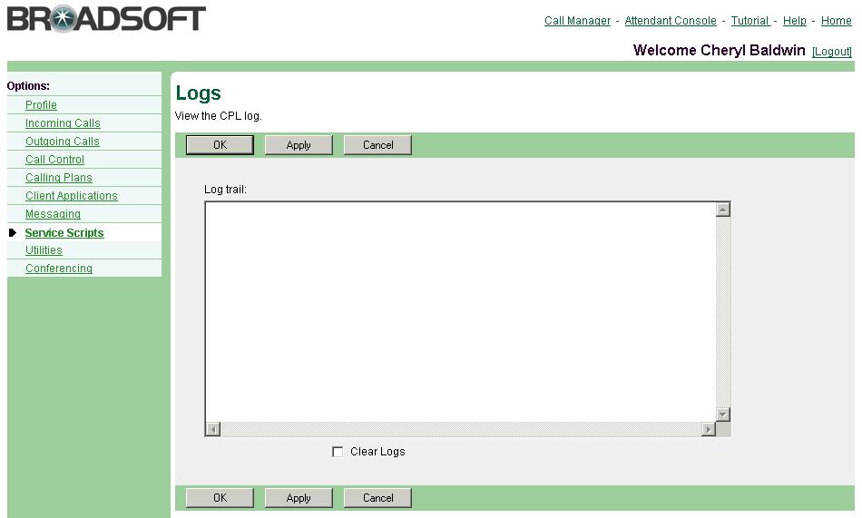 Figure 137 Service Scripts Logs 1) On the User Service Scripts menu page, click Logs. The User Logs page appears, showing the CPL log trail.