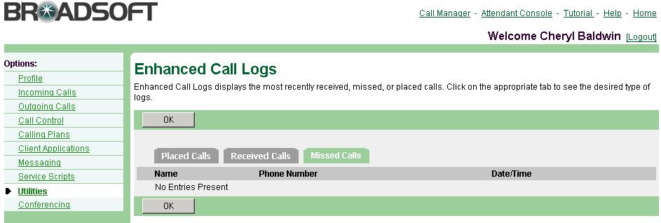 The User Enhanced Call Logs page displays the items described below. Item Name Phone Number Date/Time Description Name of the person who called. Phone number of the person who called.