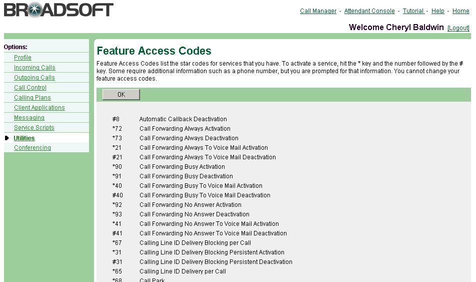 Figure 143 Utilities Feature Access Codes 1) On the User Utilities menu page, click Feature Access Codes. The User Feature Access Codes page appears, showing your star codes.