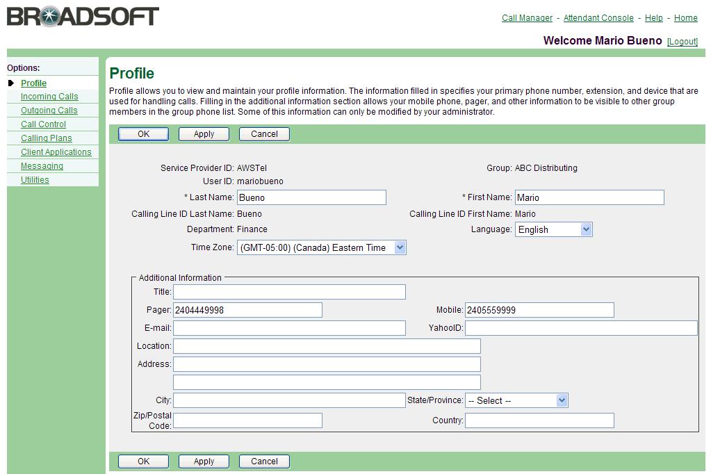 Figure 2 User Profile 1) On the User Profile menu page, click Profile. The User Profile page appears. 2) On the Profile page, position your mouse pointer in the text box to edit and click.