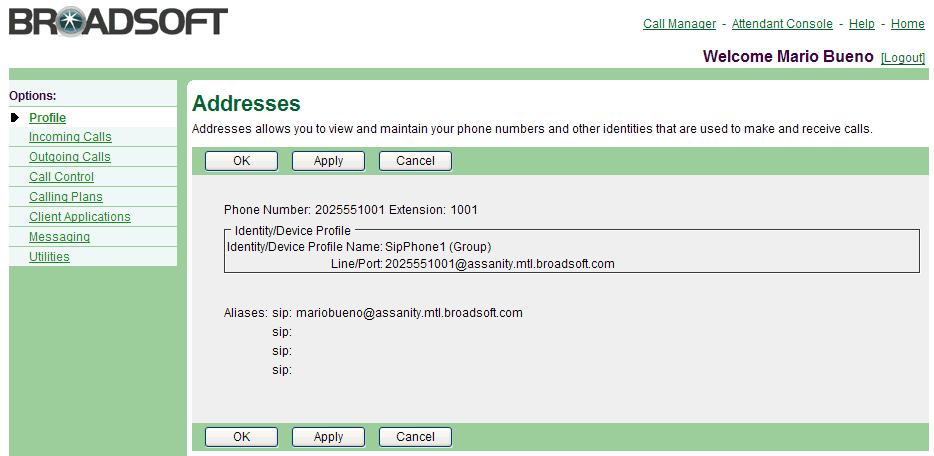 2.3 Addresses Use this menu item on the User Profile menu to view your phone numbers and other identities that are used to make and receive calls.