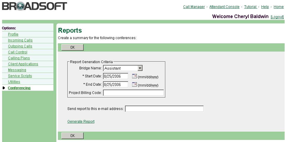 Figure 181 User Reports 1) On the User Conferencing menu page, click Reports. The User Reports page appears. 2) Select a conference bridge from the Bridge Name drop-down list.