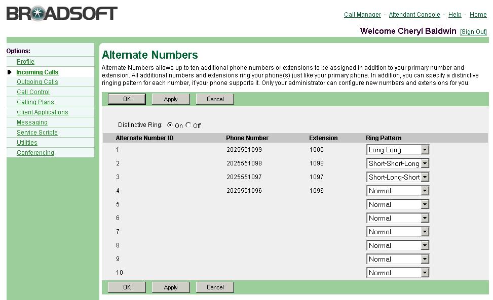 Figure 24 Incoming Calls Alternate Numbers 1) On the User Incoming Calls menu page, click Alternate Numbers. The User Alternate Numbers page appears.