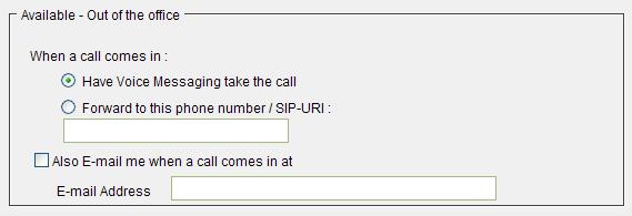 3) If you want your calls to ring at a phone or SIP-URI address in addition to your primary phone, type an alternative phone number (not extension) or SIP-URI where you can be reached in the Also