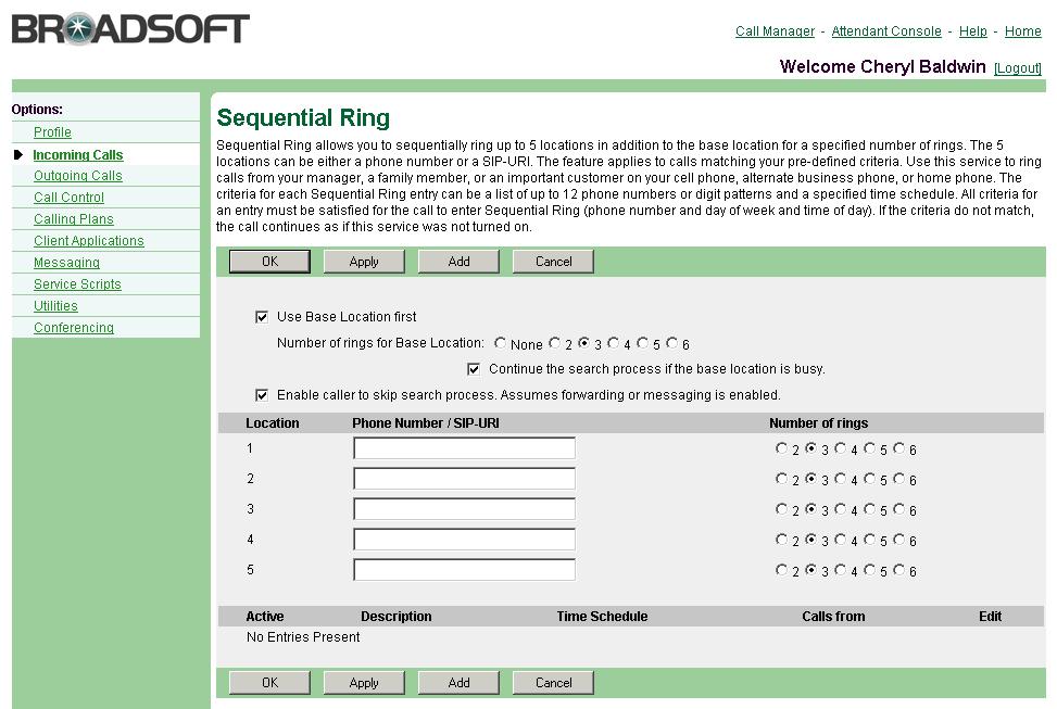 Figure 49 Incoming Calls Sequential Ring (View) 1) On the User Incoming Calls menu page, click Sequential Ring. The User Sequential Ring page appears.