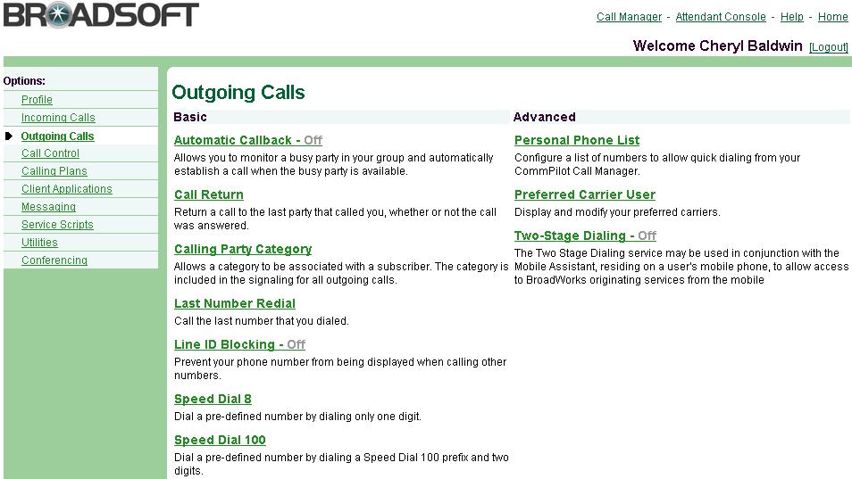 4 Outgoing Calls Use the User Outgoing Calls menu page to manage outgoing calls, for example, blocking your line ID or programming speed dial codes.