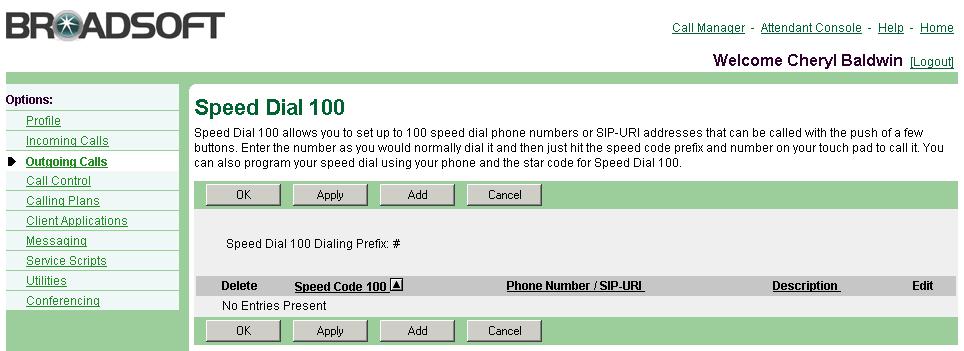 1) On the User Outgoing Calls menu page, click Speed Dial 8. The User Speed Dial 8 page appears.
