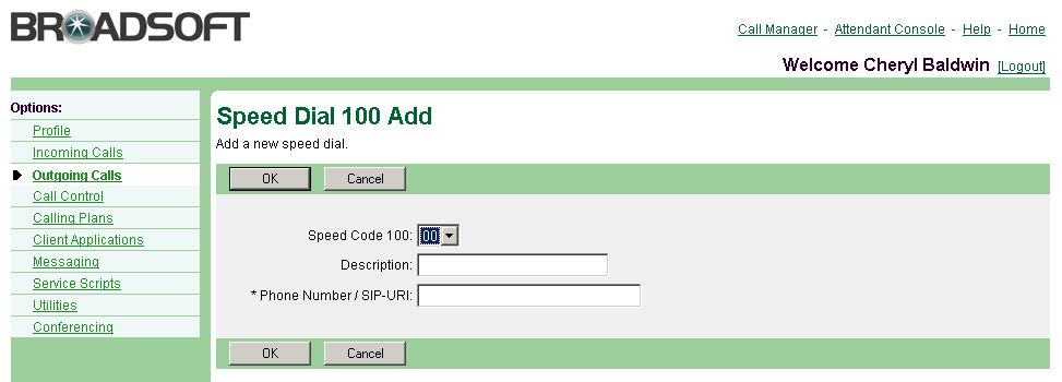 Note the Speed Dial 100 dialing prefix. This prefix is assigned by your administrator, and must be dialed before the two-digit speed dial code.