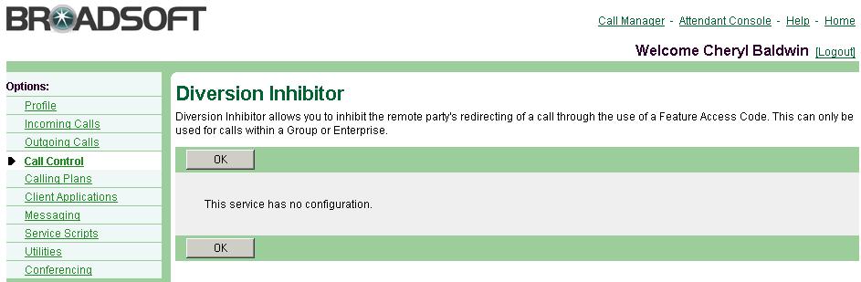 Figure 79 Call Control Diversion Inhibitor 1) On the User Call Control menu page, click Diversion Inhibitor.