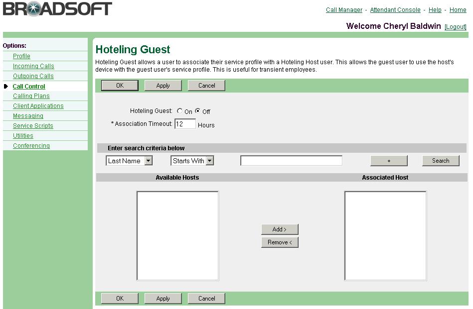 Figure 87 Call Control Hoteling Guest 1) On the User Call Control menu page, click Hoteling Guest. The User Hoteling Guest page appears. 2) To activate your phone as a Hoteling Guest, select On.