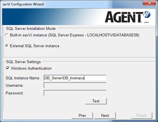 Figure 1-10: SQL Server Configuration 5. Select the External SQL Server instance option for the savvi database to be installed on an existing external SQL instance that is deployed in your network.