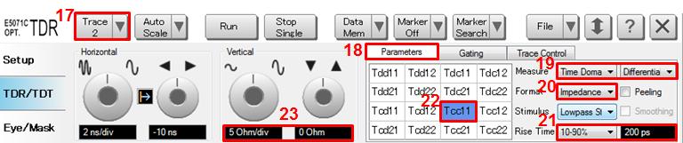 Input vertical scale (5 Ohm/div) and vertical position (0 Ohm). 24. Open Trace Control tab. 25.