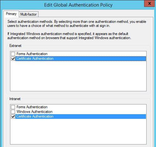 3. On the Edit Global Authentication Policy window, on the Primary tab, ensure that Certificate Authentication is selected for both Extranet and Intranet.