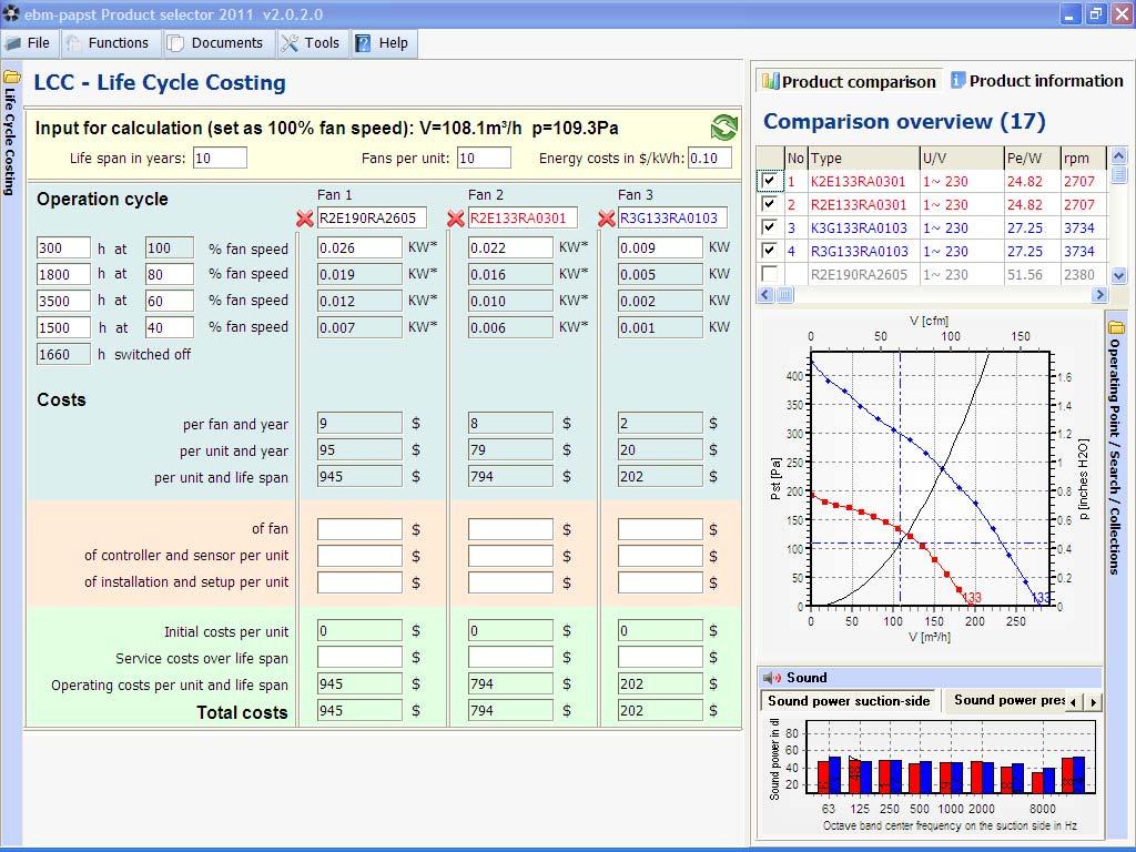 Life Cycle Costing screen Enter life span of interest, fan quantity and energy cost Drag & drop data from anywhere in a fan row into fan part number boxes Enter data for up to 3