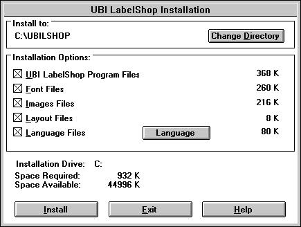 INSTALL YOUR UBI LabelShop PROGRAM Insert the "UBI LabelShop" floppy disk in drive A: in your computer. Open the "Windows Program Manager". From the menue File, choose "Run".