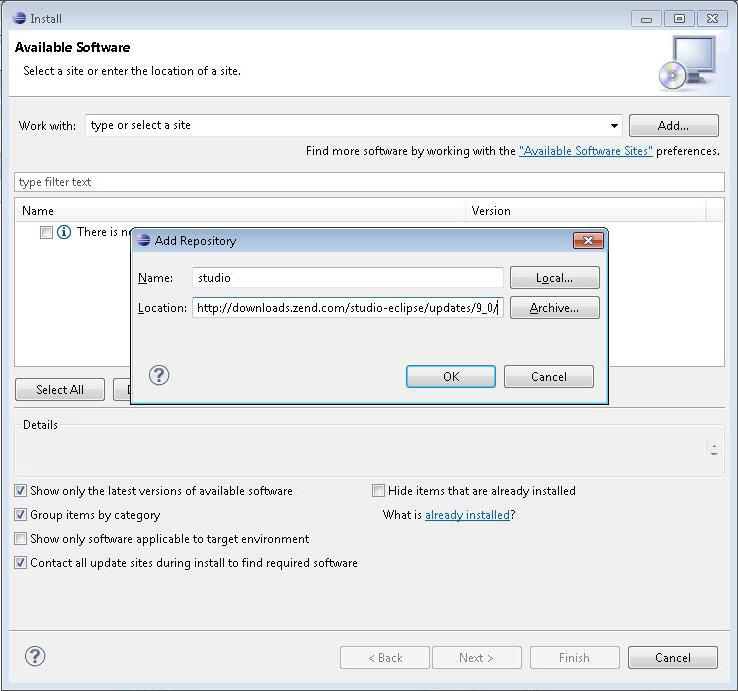 Installation and Upgrade Guide 2. In the Work with field, click Add to add the Zend Studio update site. The Add Repository dialog is displayed. 3.