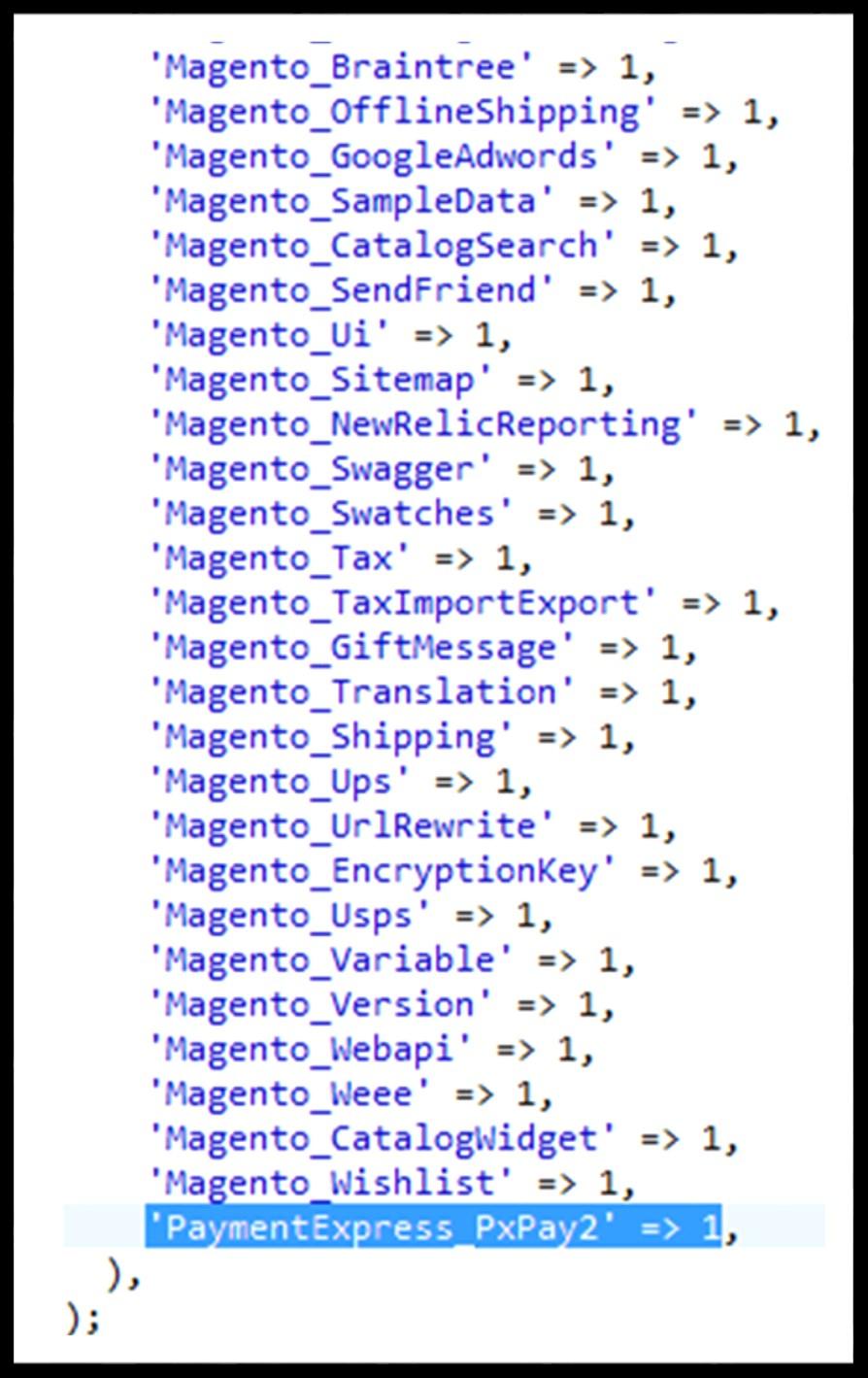Copy the Magento 2 plugin folder PaymentExpress to %magento2%/app/code. The folder structure is shown on the right. 2. Enable the Payment Express Magento 2 plugin by adding PaymentExpress_PxPay2' => 1 to "% magento2%\app\etc\config.