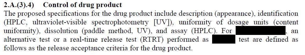Example of Lixiana (2) Approved in April 2011 RTRT : Uniformity of dosage units,
