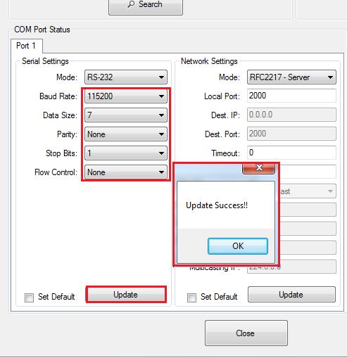 8.7.3.1 Changing Serial Parameters To change serial parameters under Serial Settings for a virtual serial port, click Port1 under COM Port Status.
