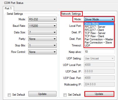 8.7.3.2 Changing Network Operation Mode To change the network operation mode of a virtual serial port, click Port1 under COM Port Status.