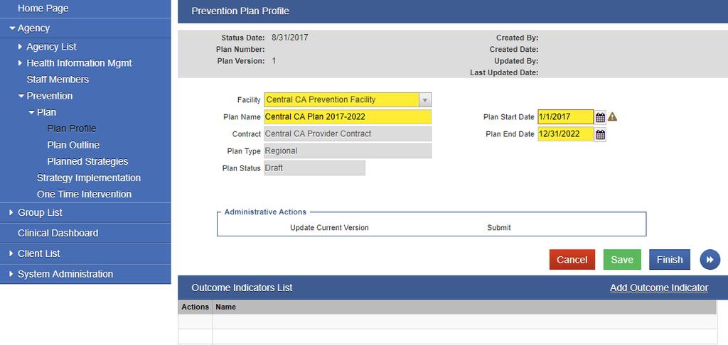 Figure 2-6: Prevention Plan Profile filled out 4. Click Save.