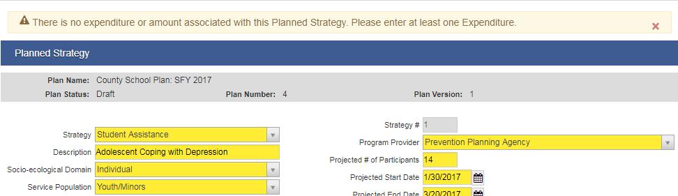 expenditure or amount associated with this Planned Strategy. Please enter at least one Expenditure.