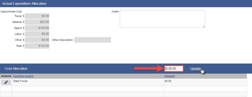 In the Actions column, hover over the pencil icon and click Edit. Figure 4-10: Actual Expenditure Allocation screen 4.