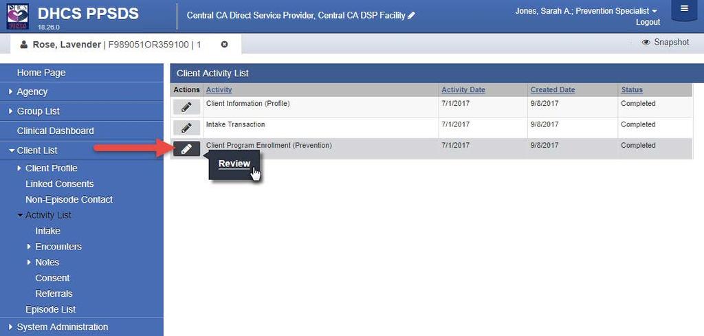 5. On the Client Activity List screen, locate the Activity named Client Program Enrollment (Prevention).