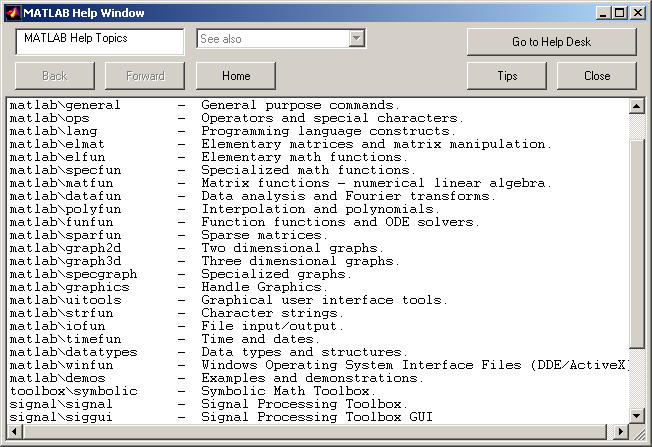 The option Examples and Demos in the Help menu activates a Matlab dialog box showing a number of applications of Matlab in various fields of mathematics (see first figure below).