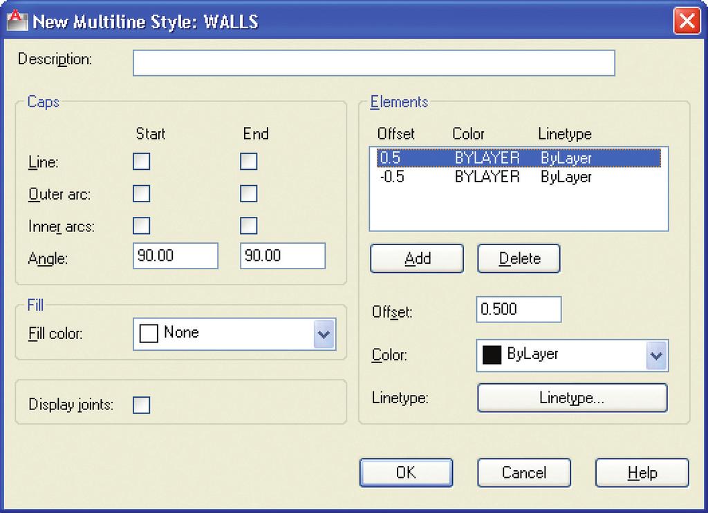 Figure 4B-5. The options in the New Multiline Style dialog box control the settings for a new multiline.